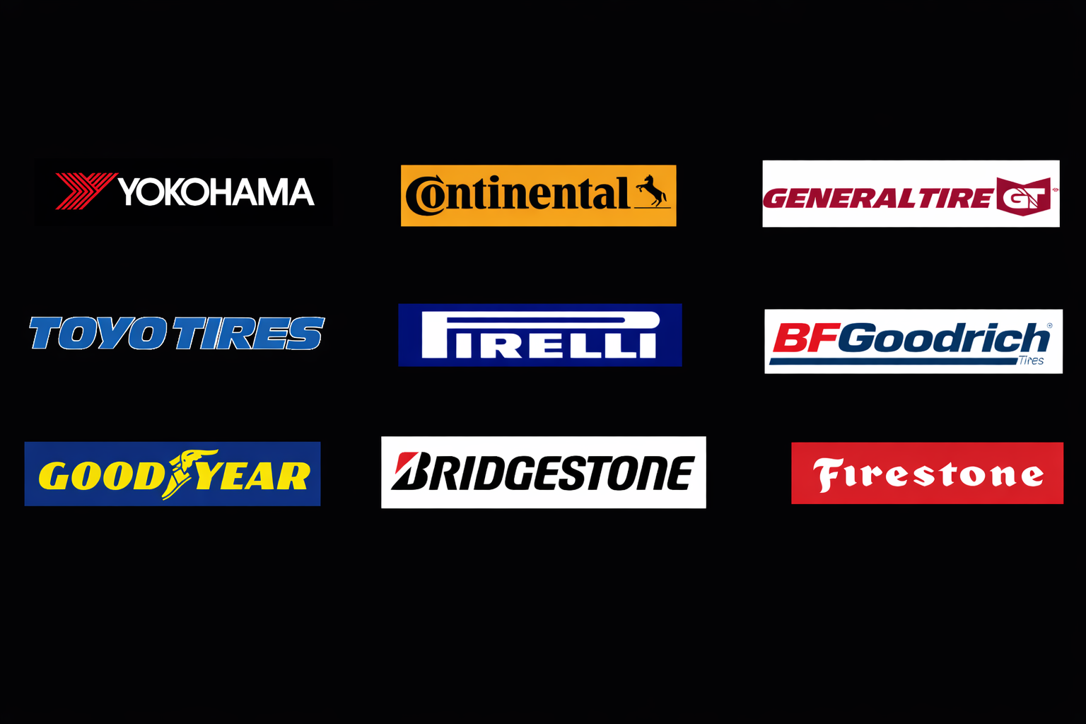 Brands we carry: Yokohama, Continental, General Tire, Toyo Tires, Pirelli, BFGoodrich, Goodyear, Bridgestone, Firestone and more